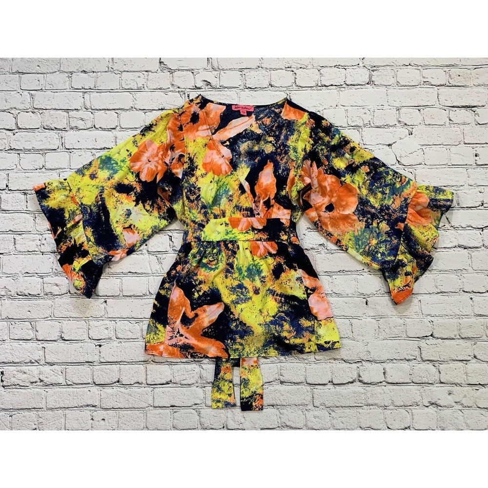Betsey Johnson Tunic Top Women’s size M Ruffle Kimono Sleeve Colorful Faux Wrap